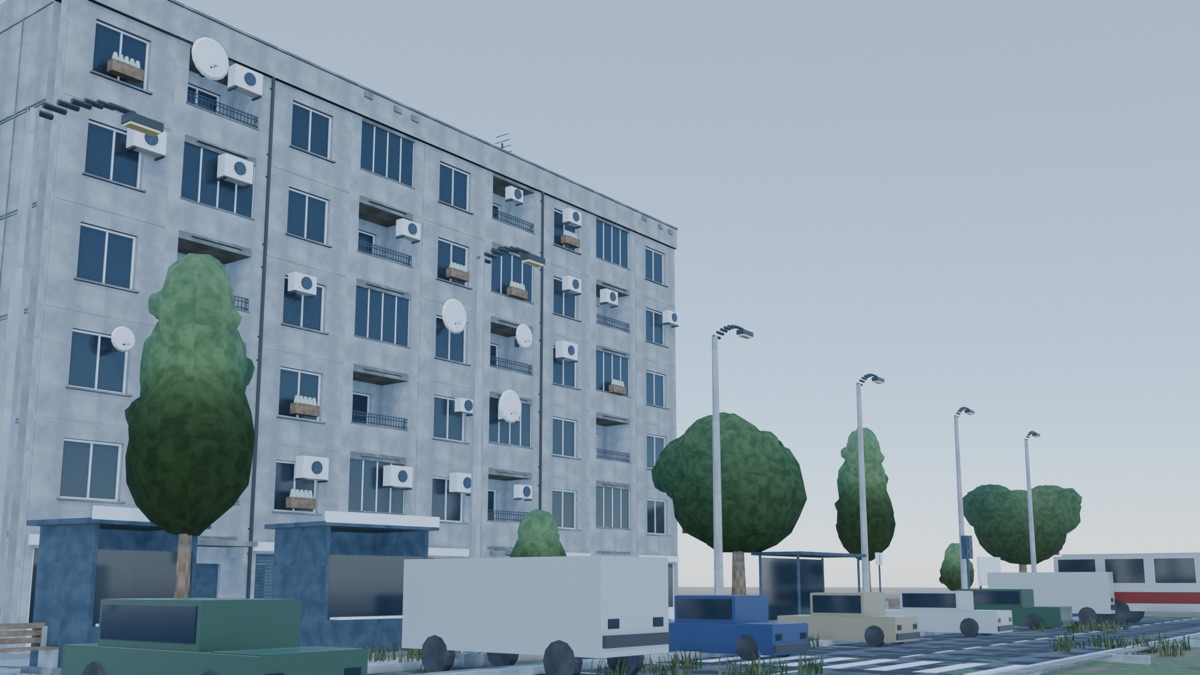 A street corner with kiosks, a bus shelter and ground-floor shopfronts.