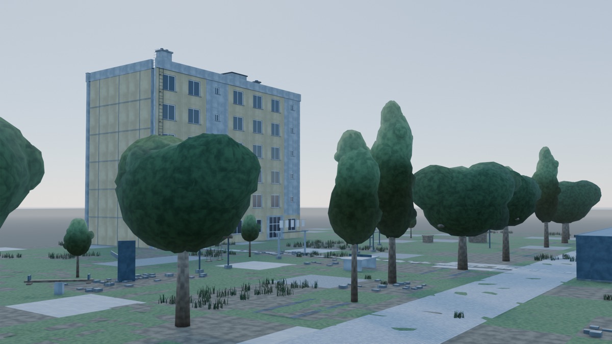 A residential courtyard with a playground, carpet-beating rack and mature trees between two blocks.