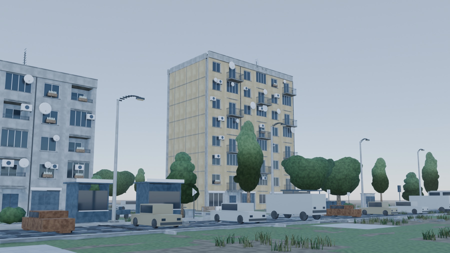A street of socialist-era prefabricated panel apartment blocks under overcast light, with kiosks, parked cars and street trees.