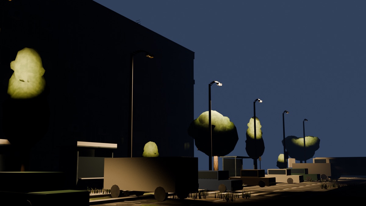 The same estate at night, street lamps lit and windows glowing.