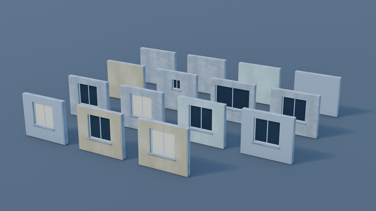A layout sheet showing every facade wall panel in the kit arranged in rows on a lit ground plane.