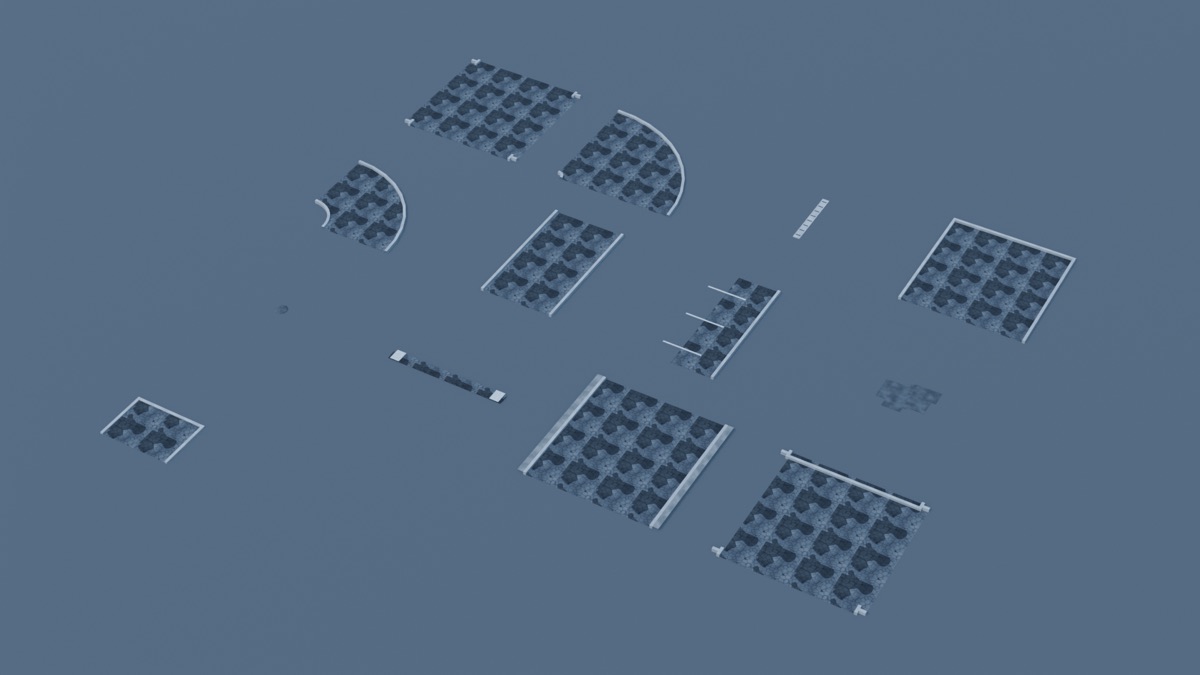 A layout sheet showing road tiles: straights, curves, junctions, parking bays and kerbs.